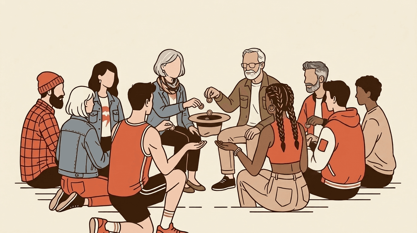 A circle of people at a meeting passing a hat, one dropping in a coin